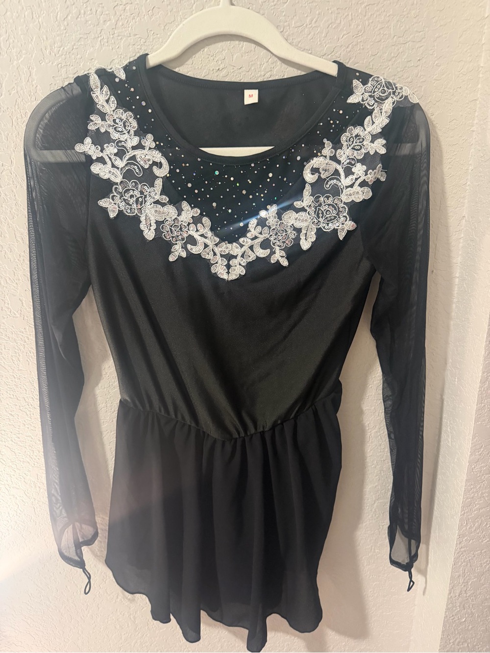 Black Long Sleeve Dance Dress with White Lace Applique